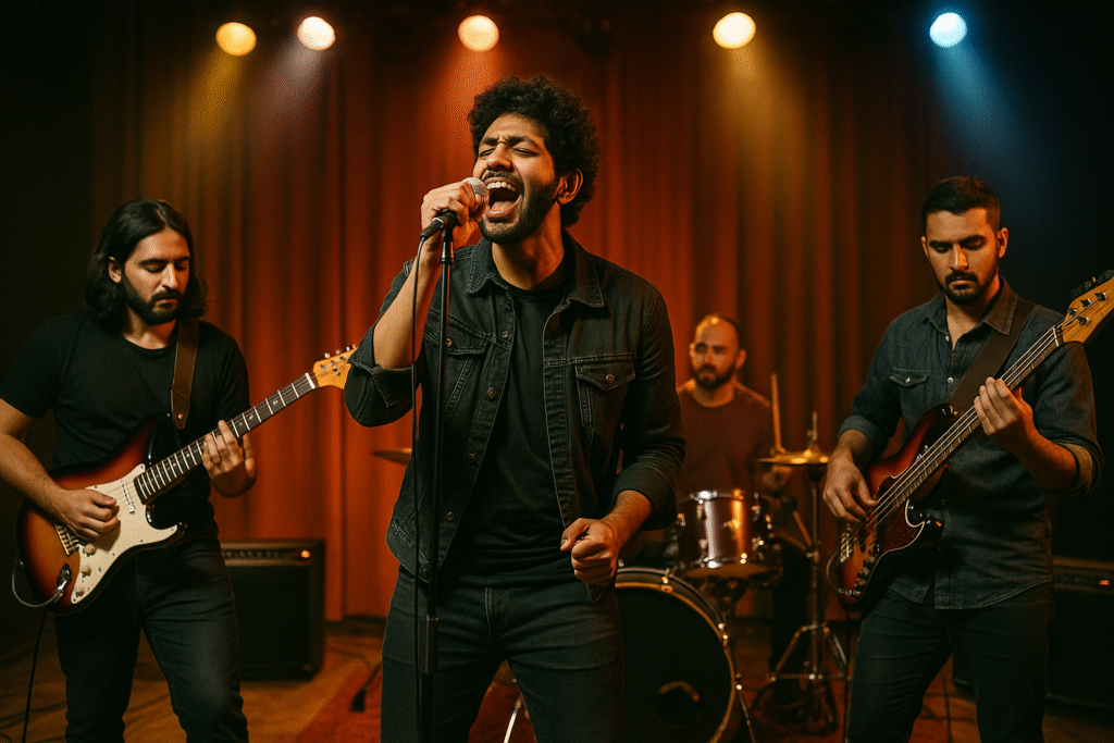 live band in Mumbai performing on stage with a lead vocalist, guitarist, bassist, and drummer under colorful concert lights, creating an energetic musical atmosphere.