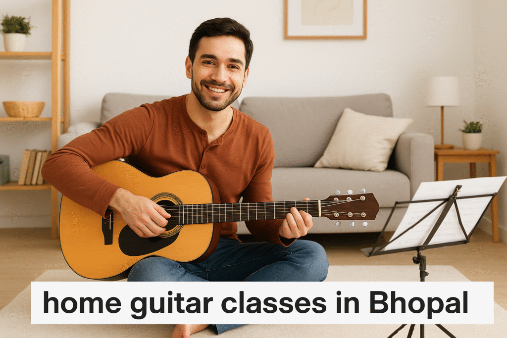 Man giving home guitar classes in Bhopal, seated on a rug with an acoustic guitar and music stand in a bright living room.