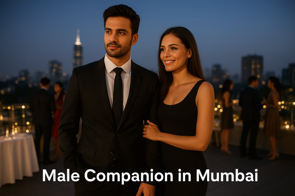 Stylish male companion in Mumbai standing with a smiling woman at a rooftop evening event overlooking the city skyline.