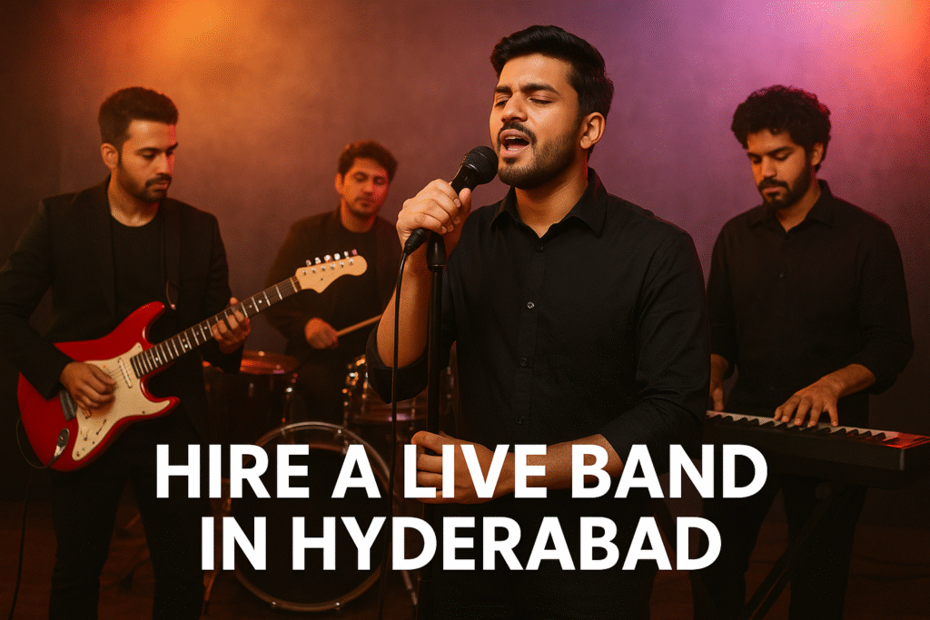 Hire a live band in Hyderabad performing on stage with vibrant lighting