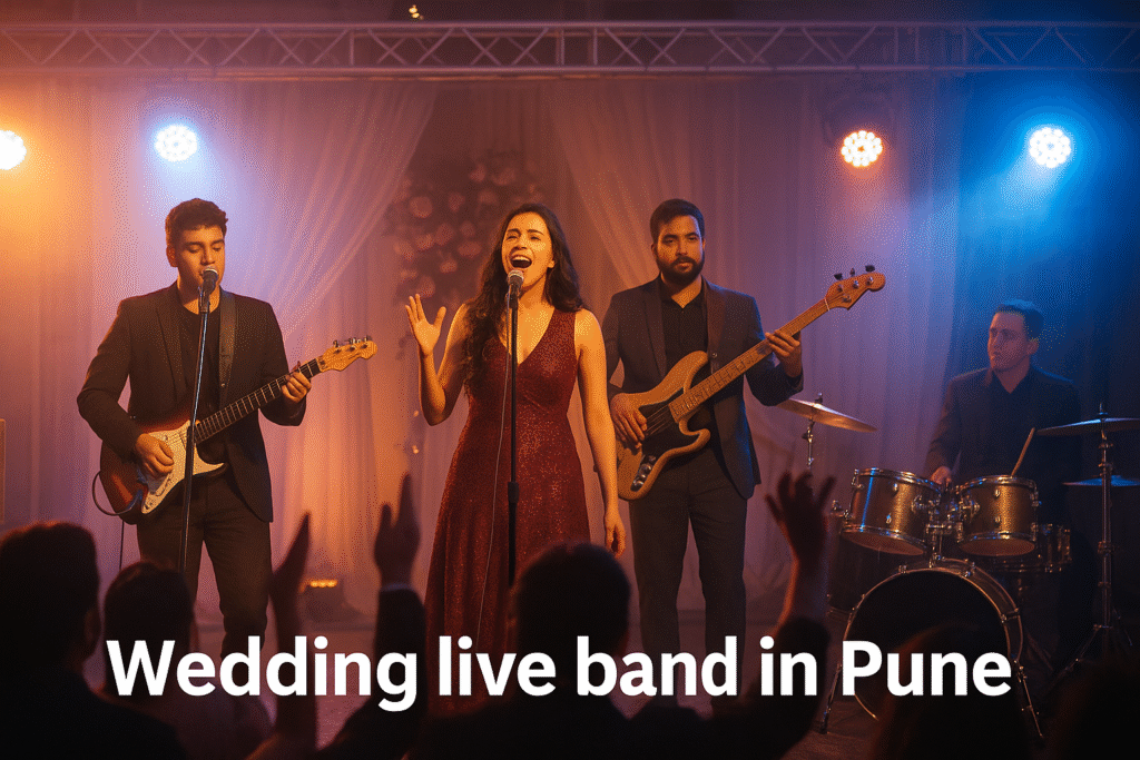 Wedding live band in Pune performing at a grand wedding ceremony with singers and musicians.