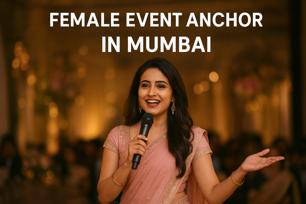 Female event anchor in Mumbai hosting a wedding celebration with microphone on stage.