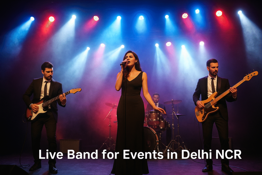 Live band for events in Delhi NCR performing live on stage under colorful lights with musicians and lead singer