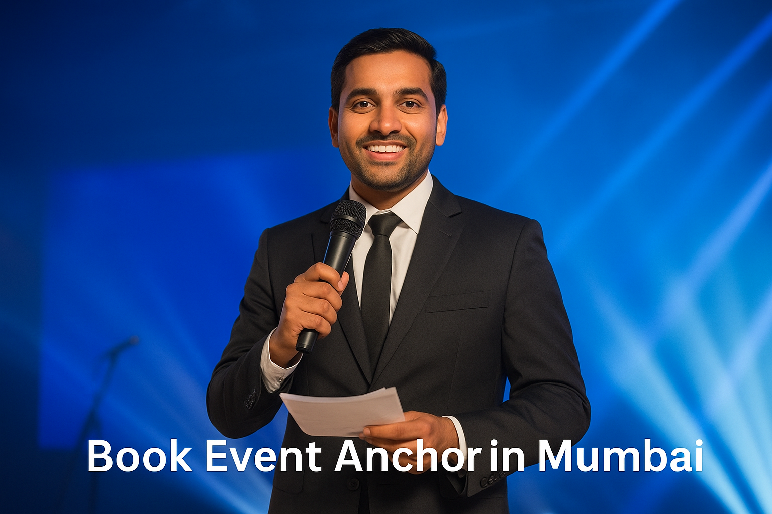 Book Event Anchor in Mumbai – professional Indian event host on stage holding a microphone