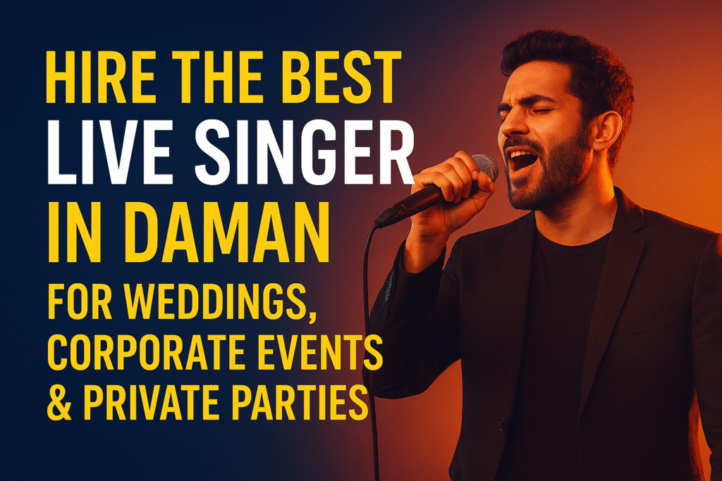 Hire live singer in Daman for weddings, corporate events, and private parties โ male performer singing on stage with warm lighting and musical atmosphere.