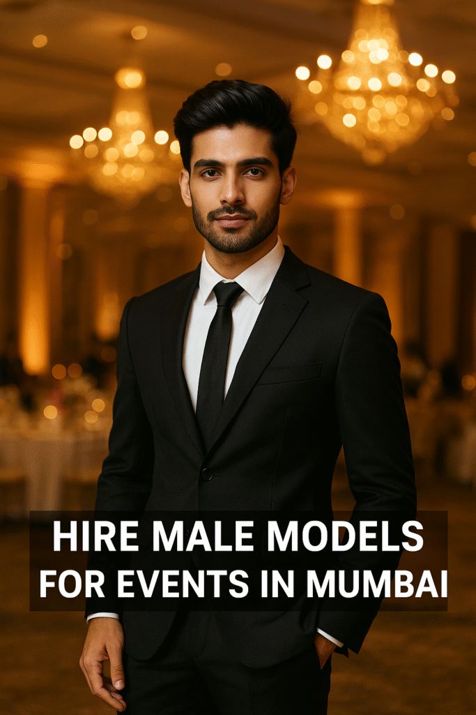 Male model in a black suit at a luxury event venue – Hire male models for events in Mumbai.