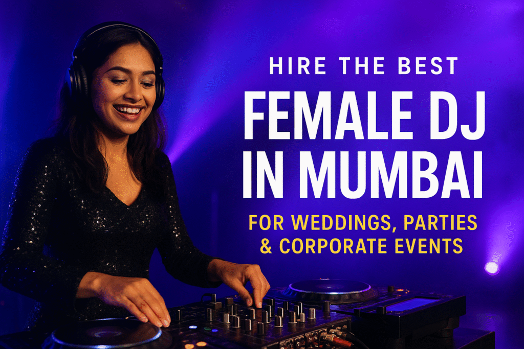 Female DJ in Mumbai performing live at an event with colorful lights — perfect for weddings, parties, and corporate events.