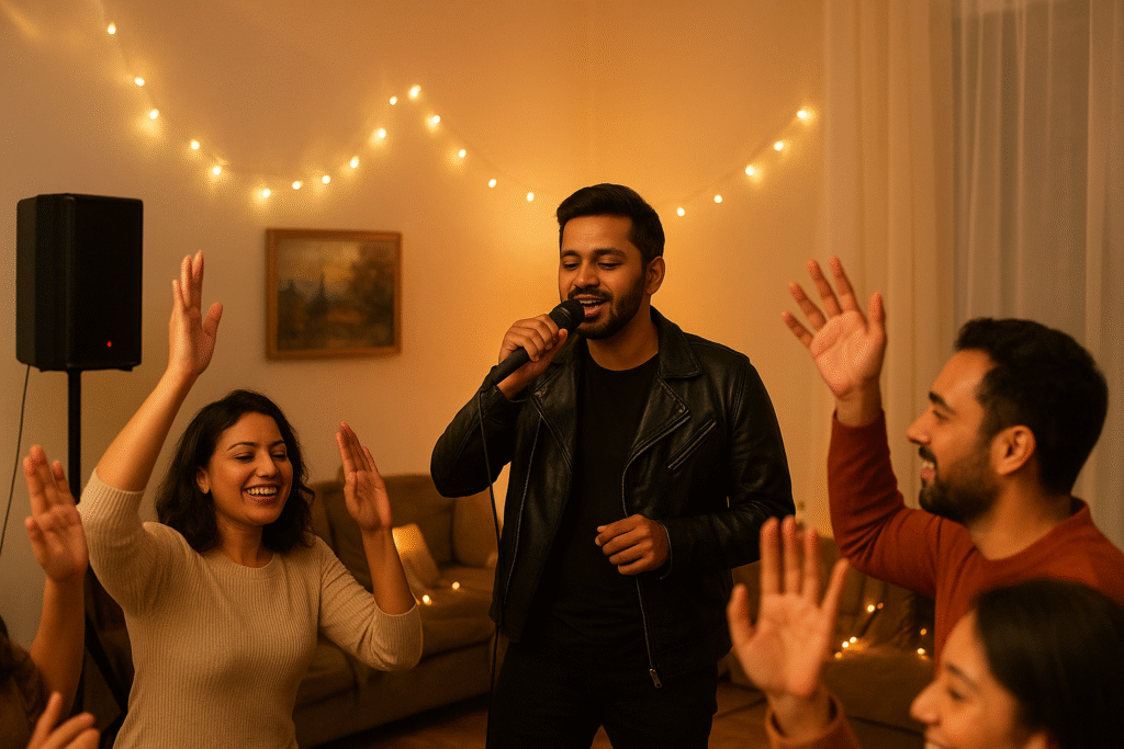 Live singer in Lonavala performing on an outdoor stage surrounded by lush green hills and colorful stage lights