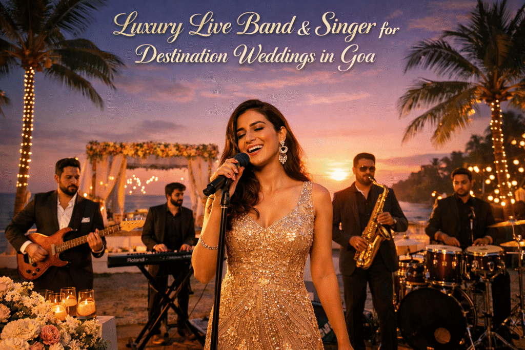 Luxury live band and singer for destination weddings in Goa. Premium wedding entertainment for beach ceremonies, sangeet nights and luxury resort celebrations. Book now.