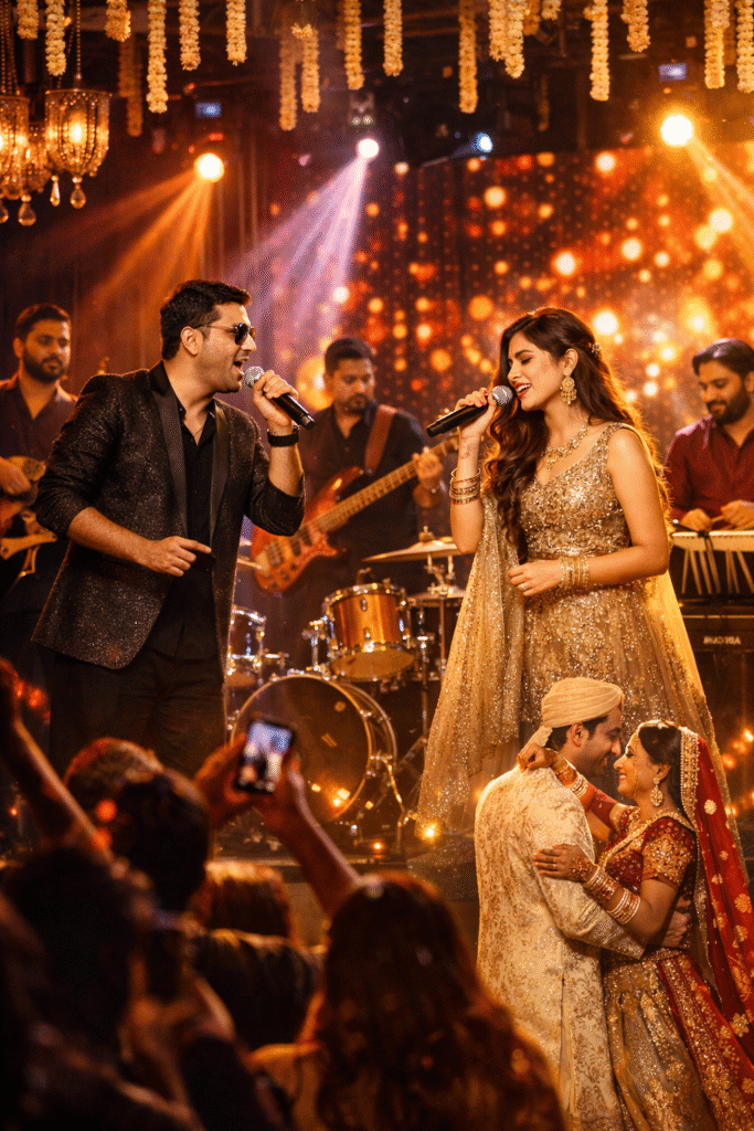 live Bollywood Band in Ahmedabad performing at wedding with singers and musicians on stage