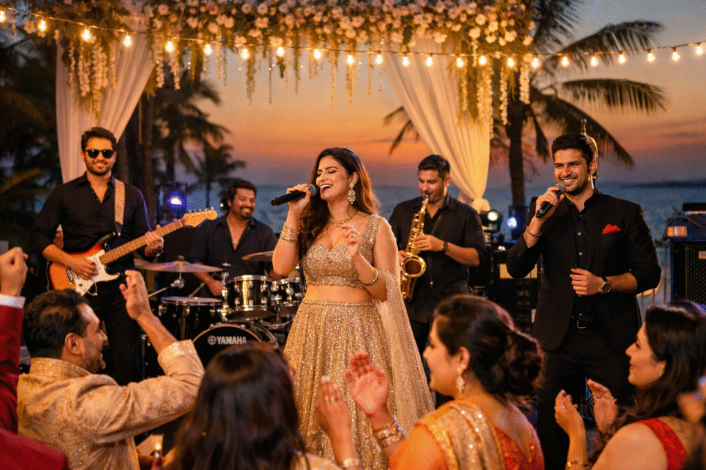 Best Band in Goa for Wedding performing live Bollywood music at a beach wedding celebration